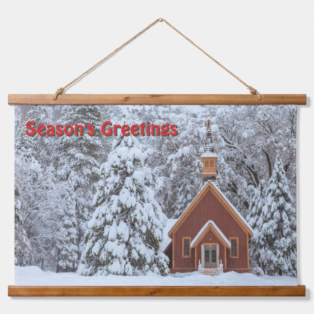 Snowy Chapel in Winter Landscape  Hanging Tapestry (Front)