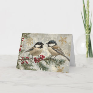 Snowy Chickadees on Evergreen Branch Card
