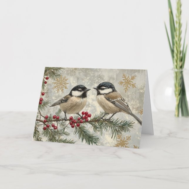 Snowy Chickadees on Evergreen Branch Card (Front)