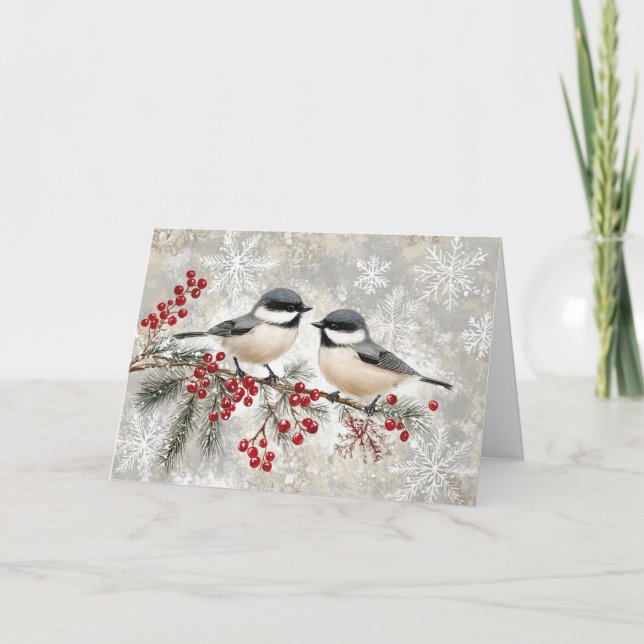 Snowy Chickadees on Evergreen with Berries Card (Front)