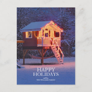 Snowy Child's Playhouse with Christmas Lights Holiday Postcard
