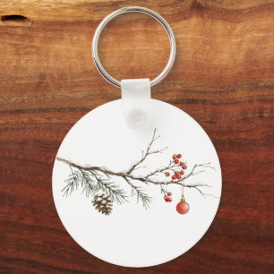 Snowy Christmas Branch with Ornament for Christmas Keychain