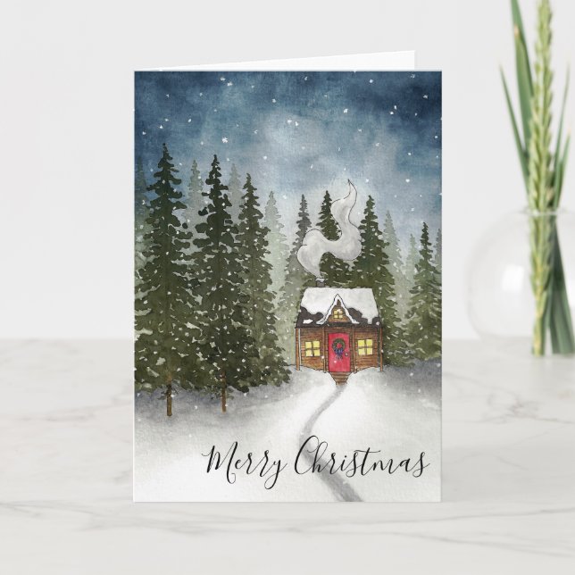 Snowy Christmas Cabin Holiday Card (Front)