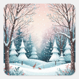 Snowy Christmas Cabin With Glowing Tree Square Sticker
