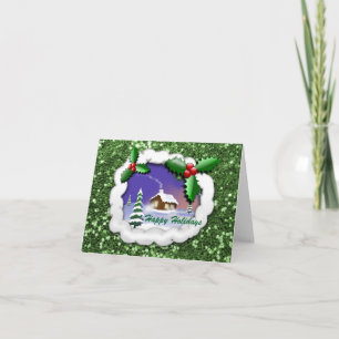 Snowy Christmas Cottage Green Faux Glitter Holiday Card