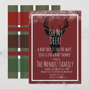 Snowy Christmas Deer Plaid Baby Shower Invitation