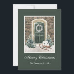 Snowy Christmas Door Dark Green Holiday Card<br><div class="desc">Introducing our stunning dark green Christmas holiday card, designed to bring warmth and joy to your loved ones this festive season. Featuring a beautiful watercolor illustration of a front door of a brick house adorned with charming Christmas decorations, this card is sure to capture the magic of the holiday season....</div>