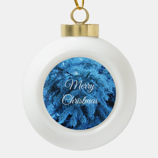 Snowy Christmas Forest Spruce  Ceramic Ball Christmas Ornament (Front)