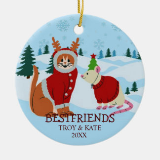 Snowy Christmas Friends – Cat and Rat Holiday  Ceramic Ornament