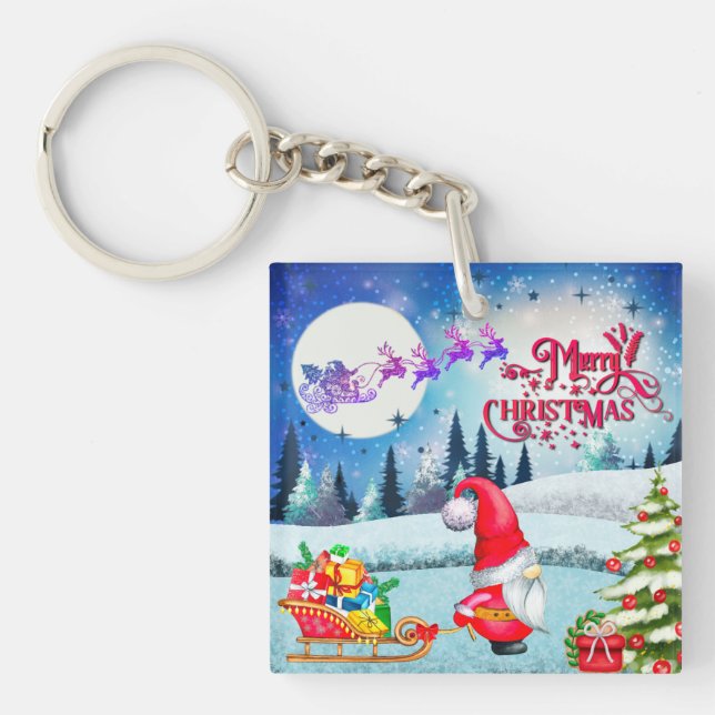 Snowy Christmas Gnome And Santa's Sleigh Gifts Keychain (Front)