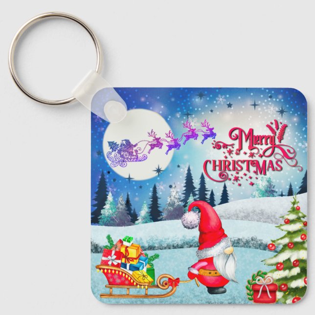 Snowy Christmas Gnome And Santa's Sleigh Gifts Keychain (Front)