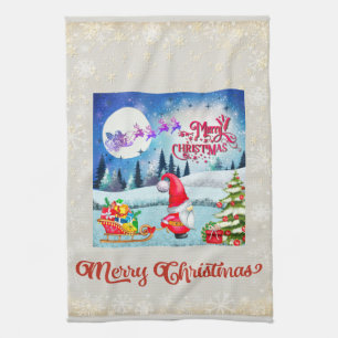 Snowy Christmas Gnome And Santa's Sleigh Gifts Kitchen Towel