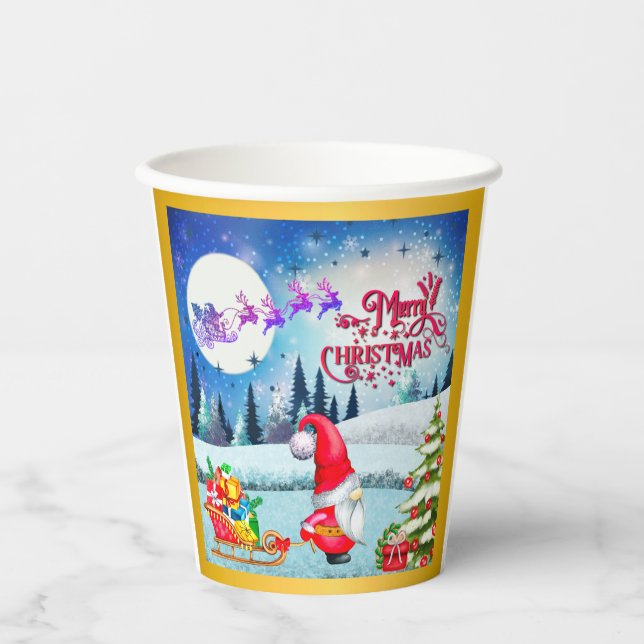 Snowy Christmas Gnome And Santa's Sleigh Gifts Paper Cups (Front)
