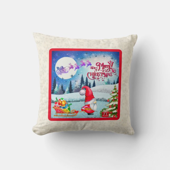 Snowy Christmas Gnome And Santa's Sleigh Gifts Thr Throw Pillow (Front)