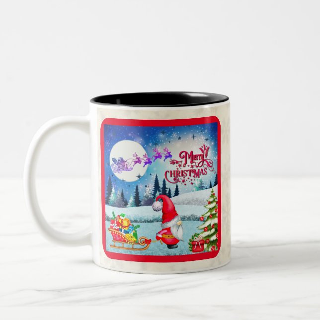 Snowy Christmas Gnome And Santa's Sleigh Gifts Two-Tone Coffee Mug (Left)