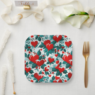 Snowy Christmas Hearts Red Green and White Paper Plate