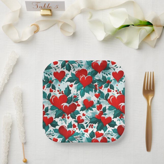 Snowy Christmas Hearts Red Green and White Paper Plate (Wedding)