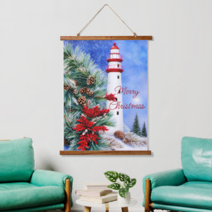 Snowy Christmas lighthouse  Hanging Tapestry