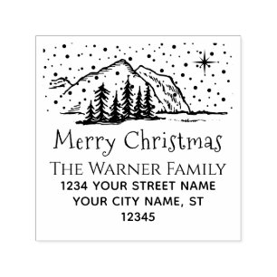 Snowy Christmas Mountains Trees Name Ret Address Self-inking Stamp