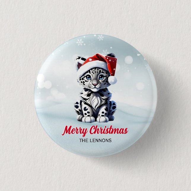 Snowy Christmas Santa Cute Snow Leopard Cub  1 Inch Round Button (Front)