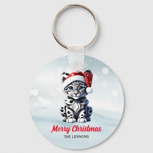 Snowy Christmas Santa Cute Snow Leopard Cub  Keychain (Front)