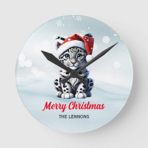 Snowy Christmas Santa Cute Snow Leopard Cub Round Clock