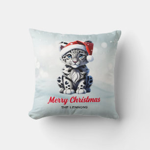 Snowy Christmas Santa Cute Snow Leopard Cub  Throw Pillow