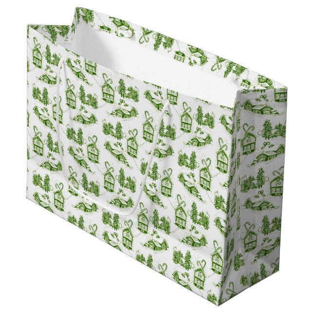 Snowy Christmas Toile | green   Small Gift Bag (Front Angled)