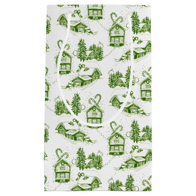 Snowy Christmas Toile | green   Small Gift Bag (Front)