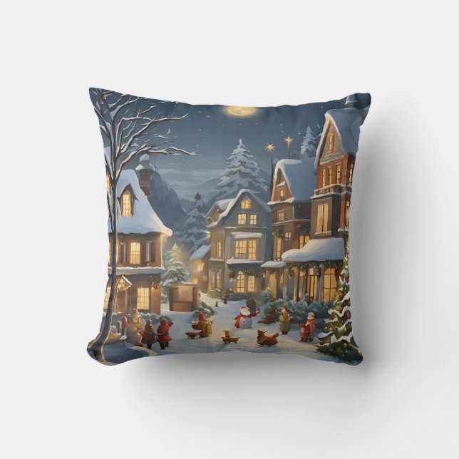Snowy Christmas Town Throw Pillow (Front)