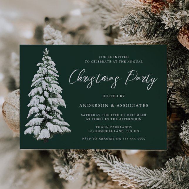 Snowy Christmas Tree Festive Green Christmas Party Invitation (Creator Uploaded)