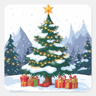 Snowy Christmas Tree In Mountain Winter Landscape Square Sticker