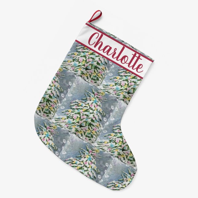 Snowy Christmas Tree Large Christmas Stocking (Front (Hanging))