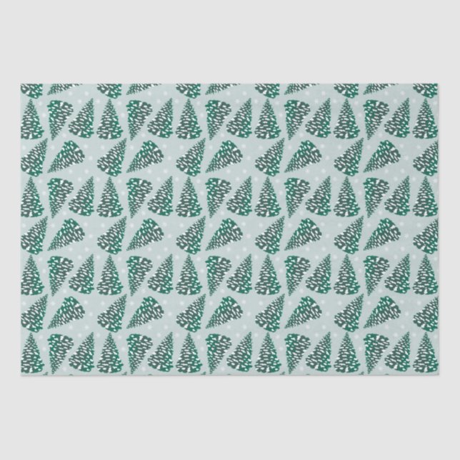 Snowy Christmas Tree Pattern Green White Tissue Paper (Front)