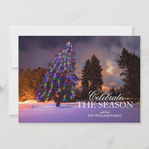 Snowy Christmas Tree with Lights at Dusk Invitation