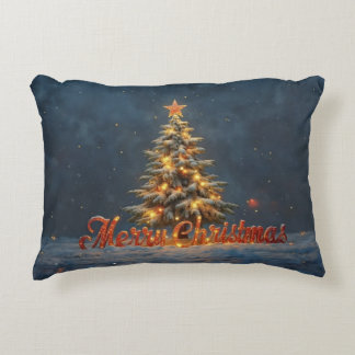 Snowy Christmas Tree with Warm Lights Accent Pillow