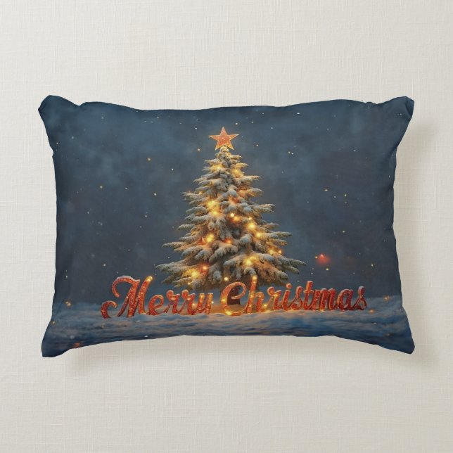 Snowy Christmas Tree with Warm Lights Accent Pillow (Front)