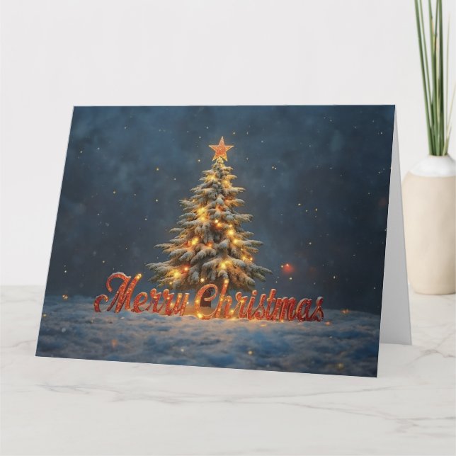 Snowy Christmas Tree with Warm Lights Card (Front)