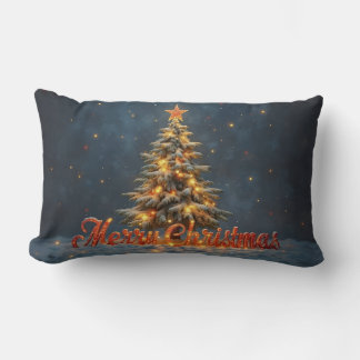 Snowy Christmas Tree with Warm Lights Lumbar Pillow