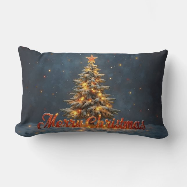 Snowy Christmas Tree with Warm Lights Lumbar Pillow (Front)