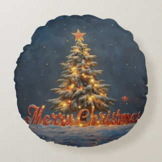 Snowy Christmas Tree with Warm Lights Round Pillow