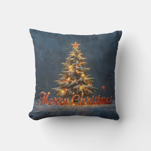 Snowy Christmas Tree with Warm Lights Throw Pillow (Front)