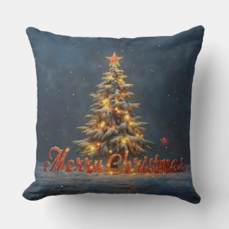 Snowy Christmas Tree with Warm Lights Throw Pillow