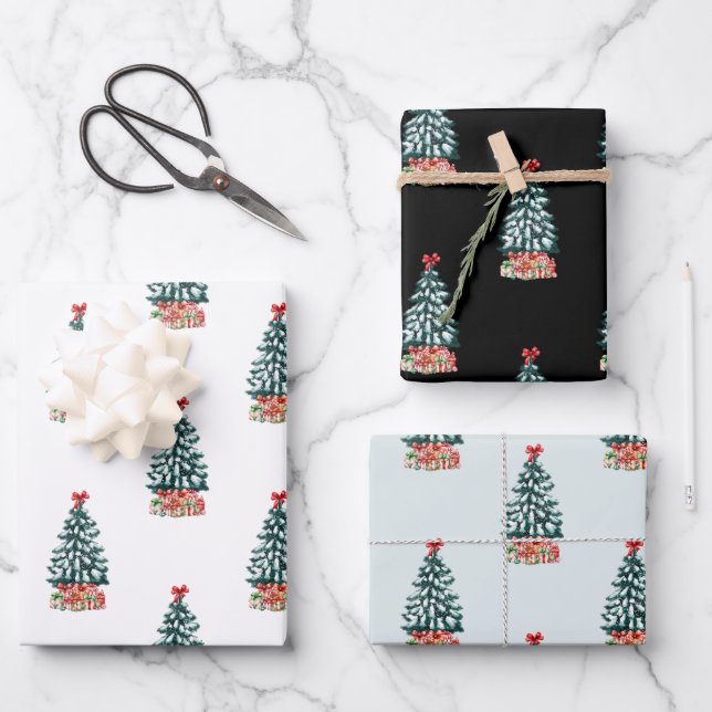 Snowy Christmas Tree Wrapping Paper Sheet (Front)