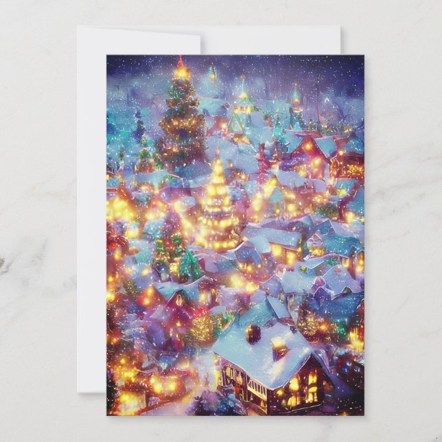 Snowy Christmas village budget Christmas Holiday Card (Front)