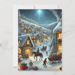 Snowy Christmas Village Glowing Windows and Star Holiday Card