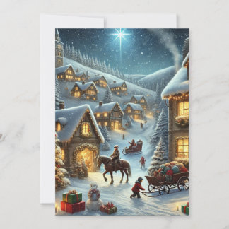 Snowy Christmas Village Glowing Windows and Star Holiday Card