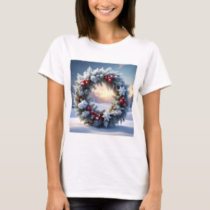 Snowy Christmas Wreath with Red Berries T-Shirt