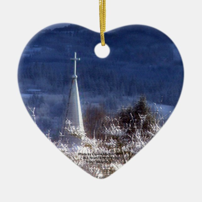snowy church steeple ceramic ornament (Front)
