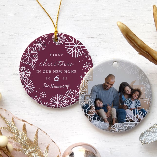 Snowy Circle First Christmas in Our New Home Photo Ceramic Ornament (Creator Uploaded)